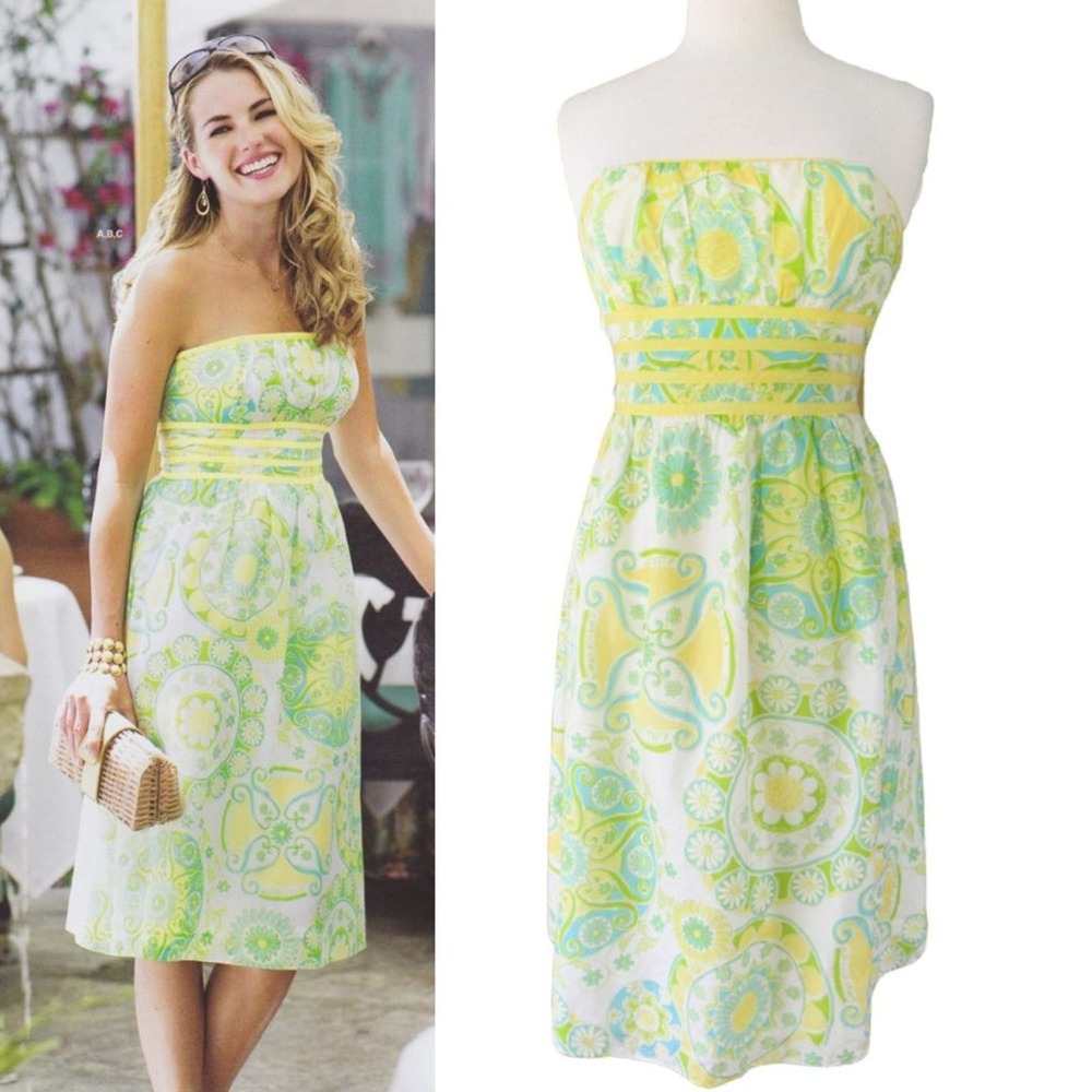 Lilly Pulitzer Strapless Sundress in White, Yellow & Green